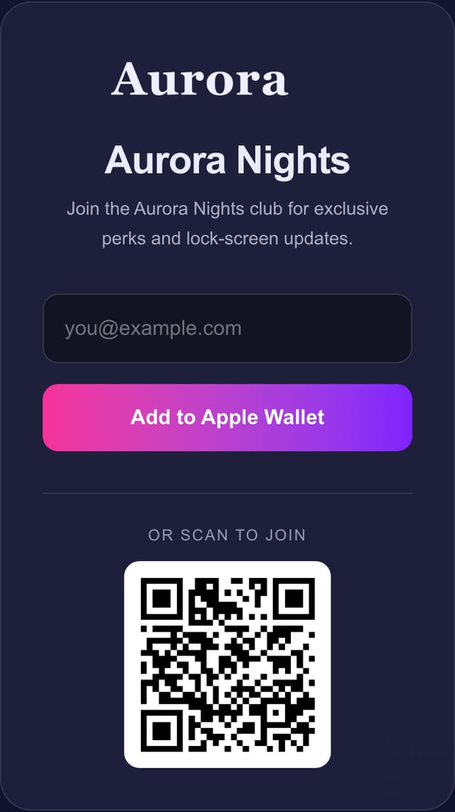 What fans see: your branding, an Add-to-Wallet button, and a scannable QR.