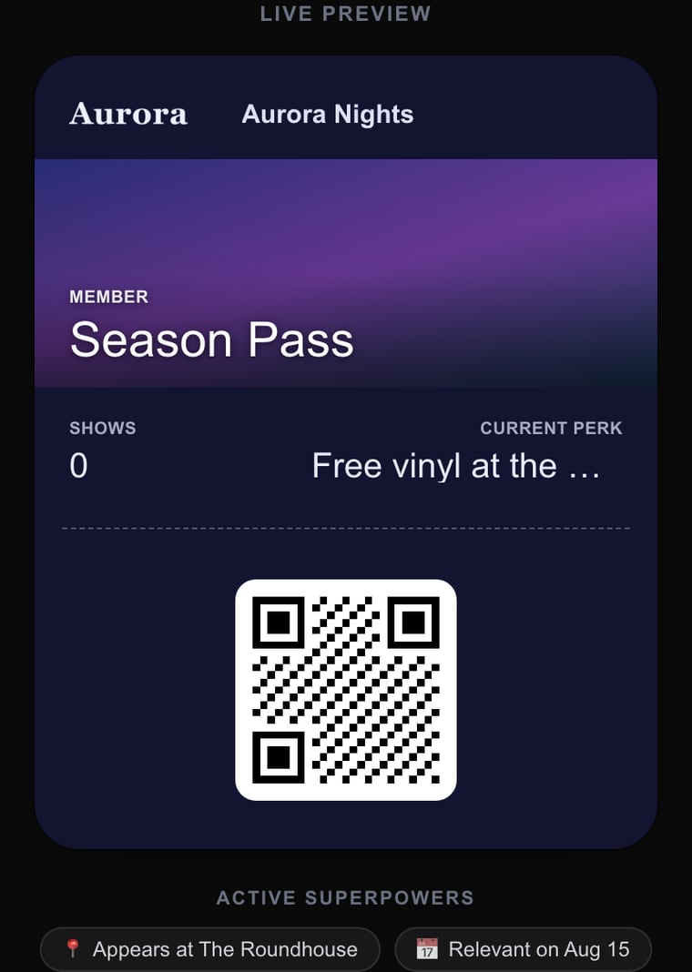 A finished Apple Wallet pass previewed live in the designer
