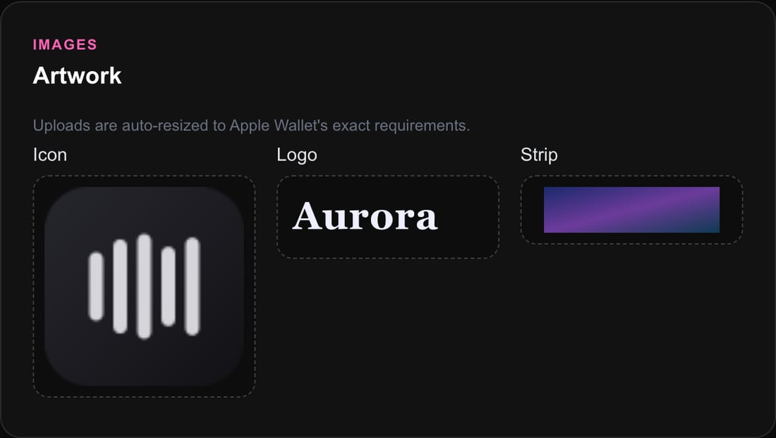 Drop in your icon, logo, and strip — resizing is handled for you.