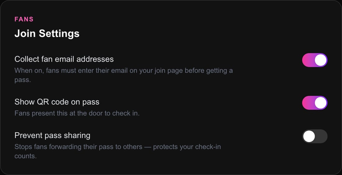 Toggle email collection, the check-in QR, and pass sharing.